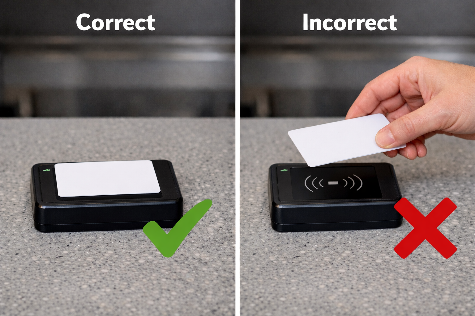 Example image showing the correct and incorrect way to hold a card over a card reader.