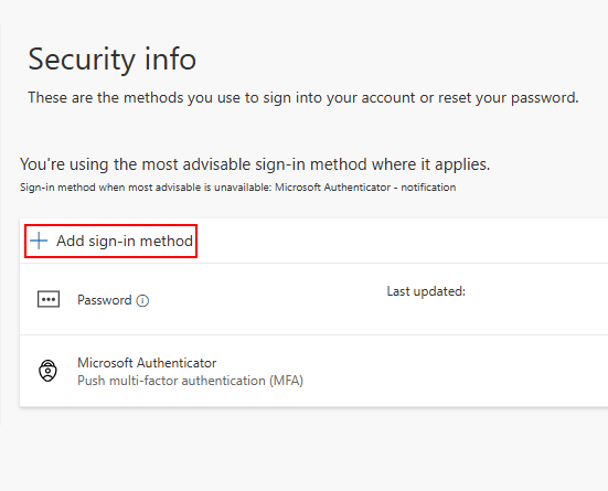 Example image showing the Add sign-in method option on the Microsoft security-info page.